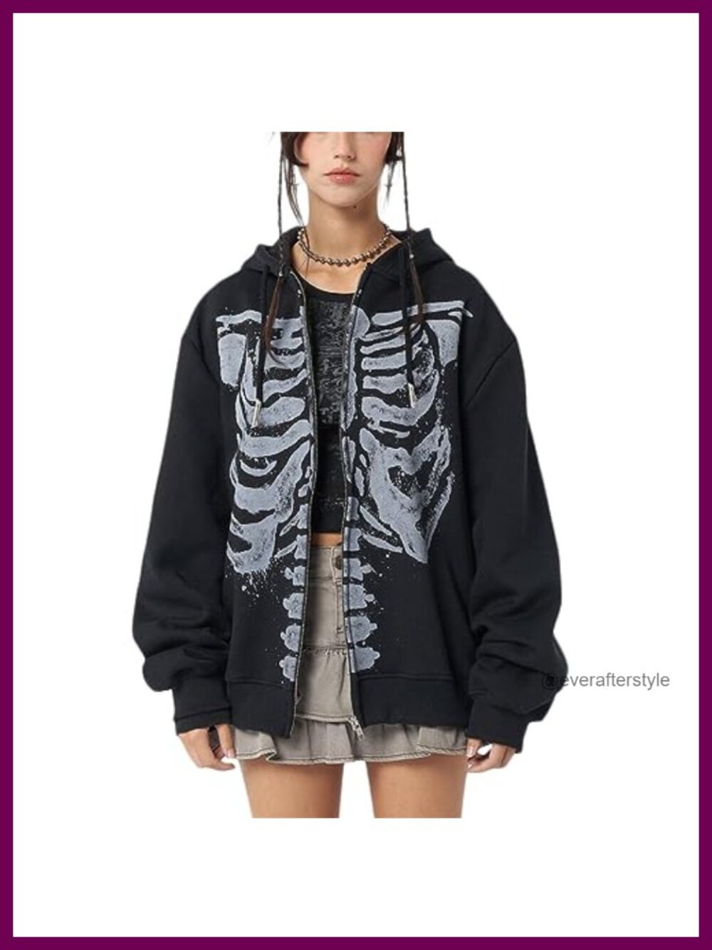 Y2k Zip Up Hoodie Oversized Skeleton Graphic Gothic Grunge Sweatshirt